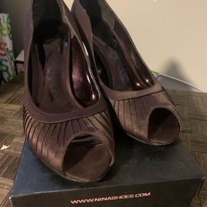 Nina chocolate satin heels, size 5.5